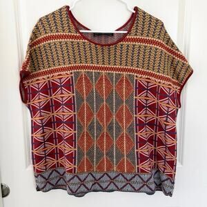 Peruvian Connection Andean Inspired Boxy Knit Cotton Geometric Print Top M/L